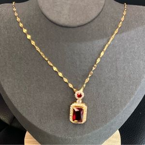 18k Gold Plated Ruby Red Necklace Titanium Steel very shiny Tarnish Free